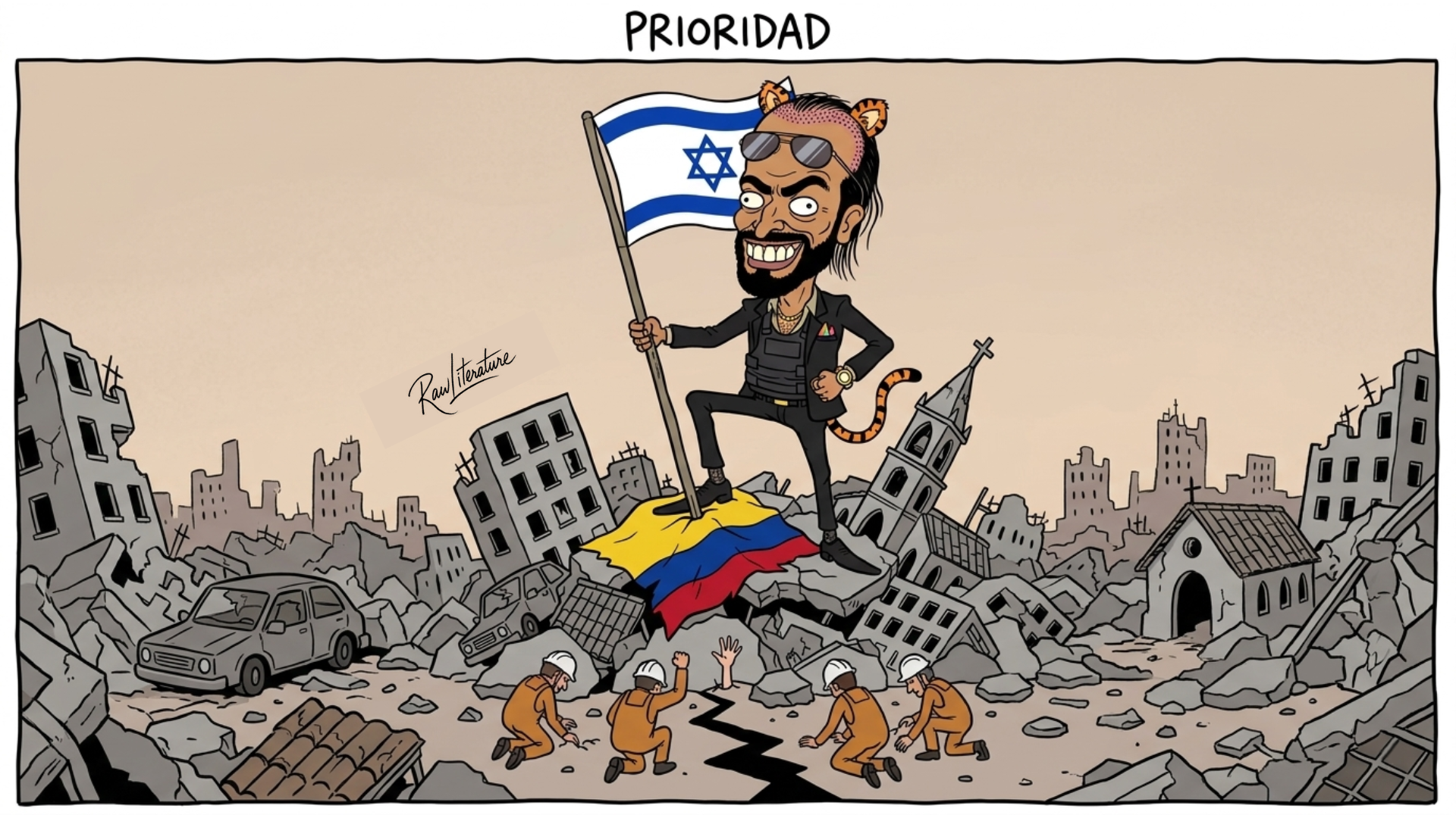 Political cartoon titled 'Prioridad' satirizing Colombia's government response during earthquake rescue operations while prioritizing diplomatic ties with Israel.