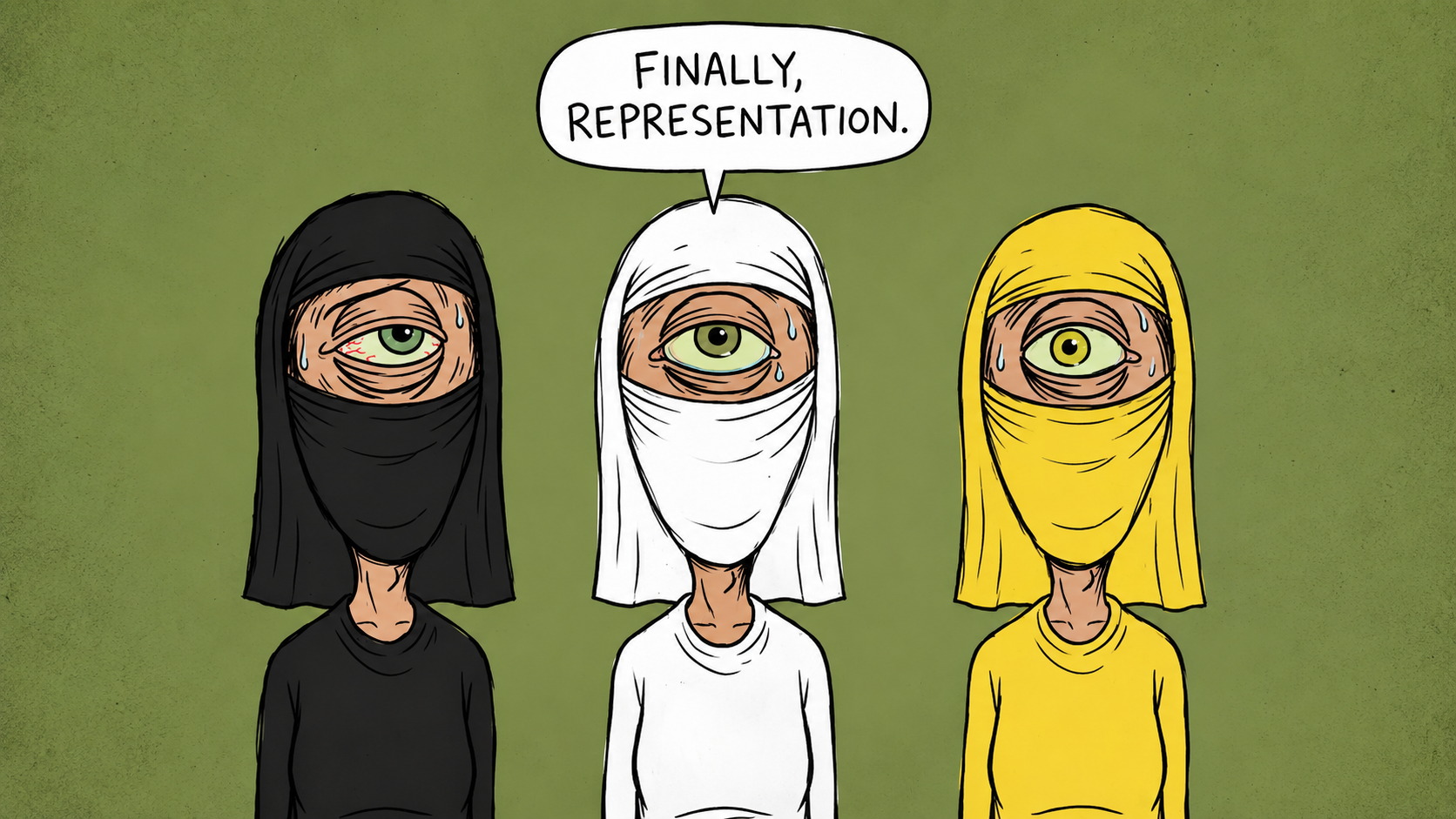 Cartoon illustration of three veiled women with single large eyes standing side by side beneath a speech bubble reading “Finally, Representation.”