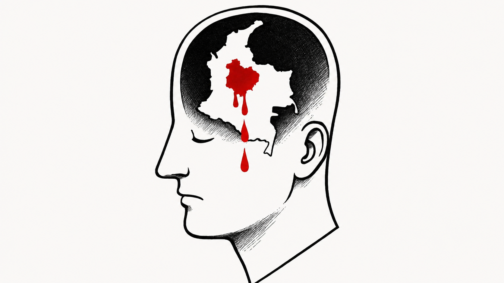 Ilustración de una cabeza humana con Colombia sangrando dentro del cerebro, símbolo del trauma, la violencia y la búsqueda de la paz en el poema “¿Qué es la paz?”