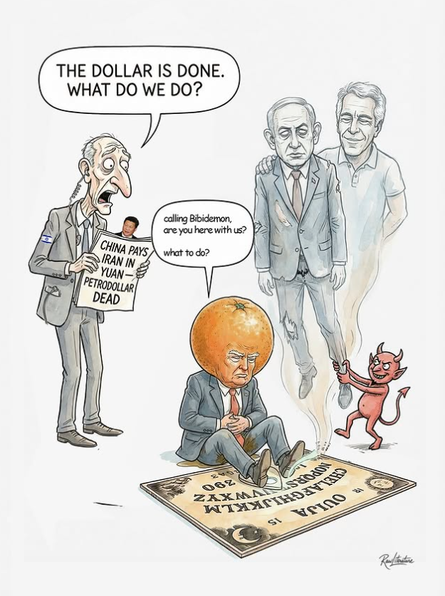 A cartoon about the issue of de de-dollarisation of the world's economy due to Trump's decisions.