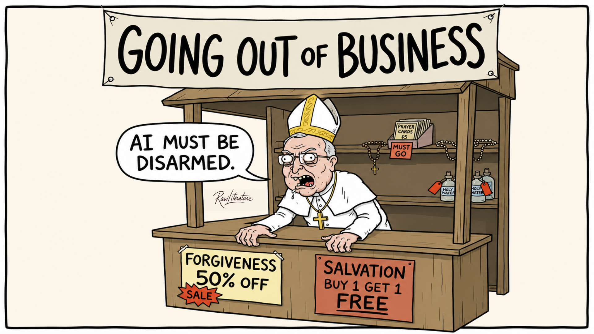 Satirical cartoon of angry pope at “Going Out of Business” booth saying “AI must be disarmed” with salvation and forgiveness sale signs.