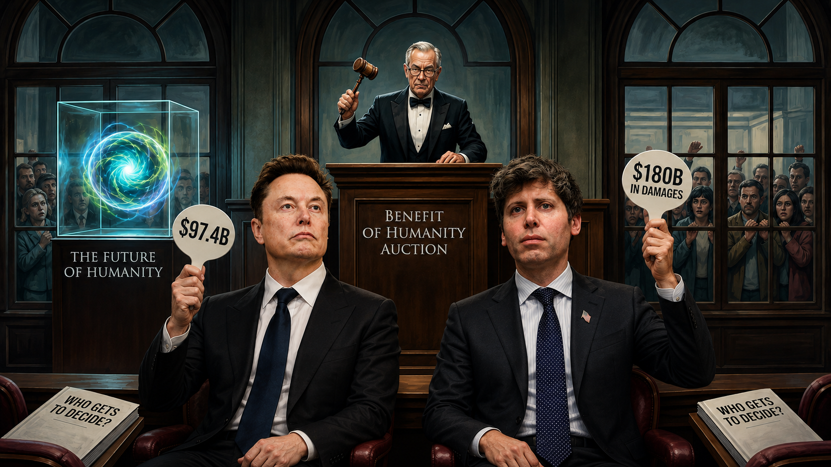 Elon Musk and Sam Altman in futuristic AI auction courtroom holding billion-dollar bids for the future of humanity.