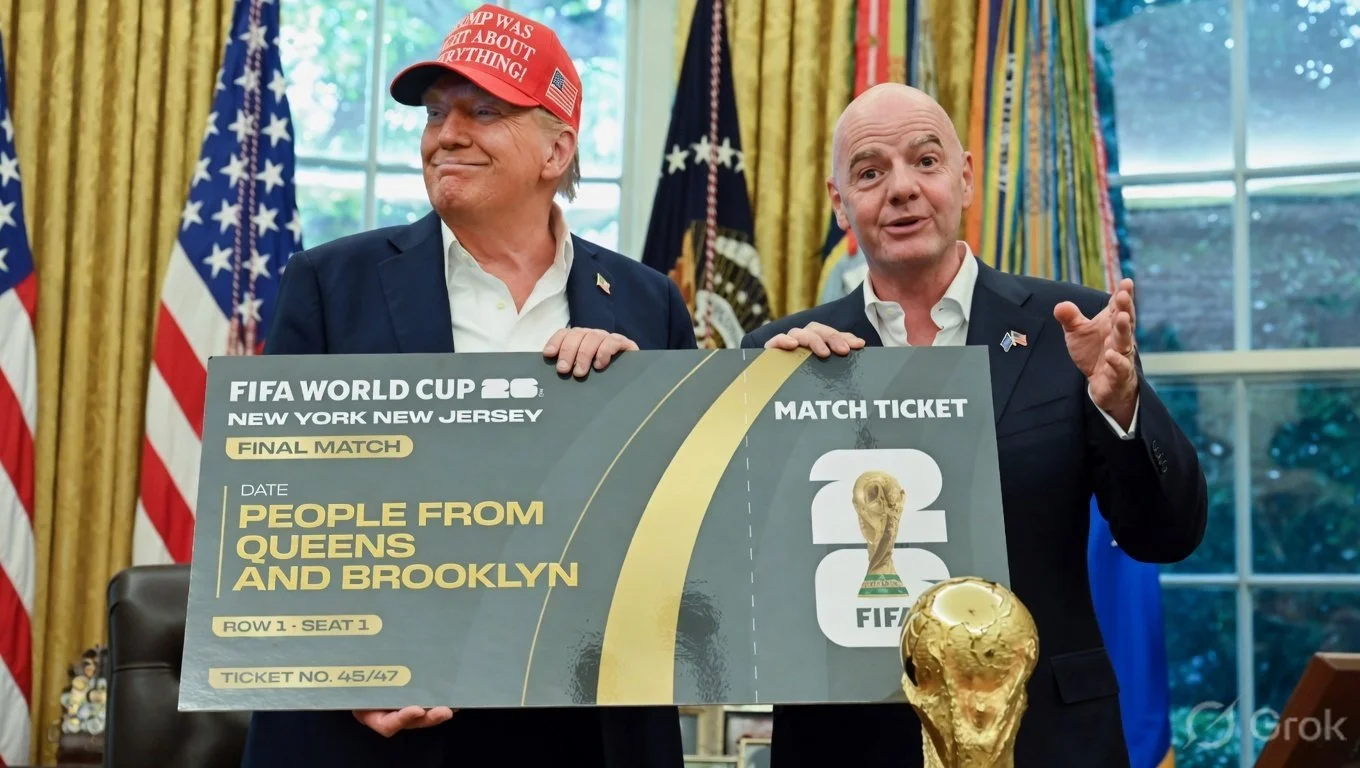 Donald Trump holding giant FIFA World Cup 2026 Final Match ticket for 'People from Queens and Brooklyn' - satirical meme.