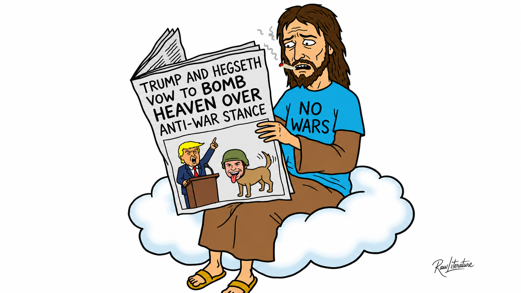 Jesus reading shocking news: Trump and Hegseth vow to bomb heaven over anti-war stance cartoon.