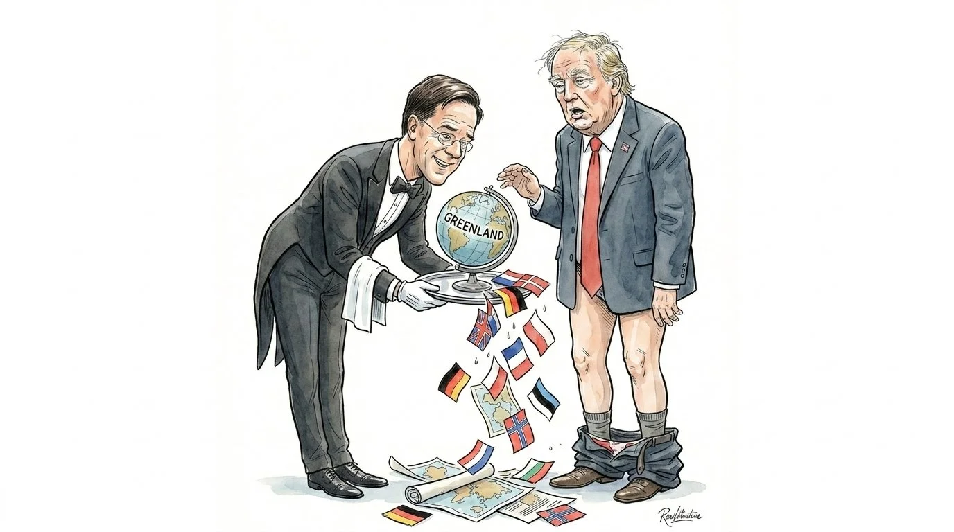 Mark Rutte serving Greenland in a silver plate to old Trump without pants.