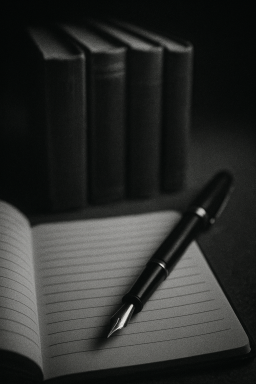 Black fountain pen on open notebook with stacked books in background representing the six essential writing skills every author needs to master