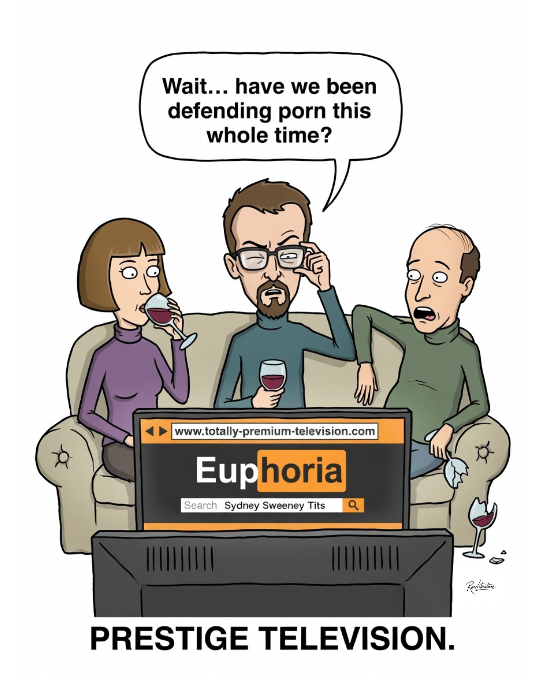 Cartoon satirizing Euphoria as prestige porn: viewers realize they've been defending softcore content on HBO