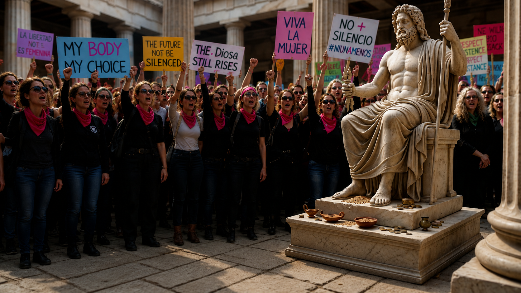Women's rights protesters rally before a Zeus statue, symbolizing the rise of right-wing women and the return of patriarchal values.