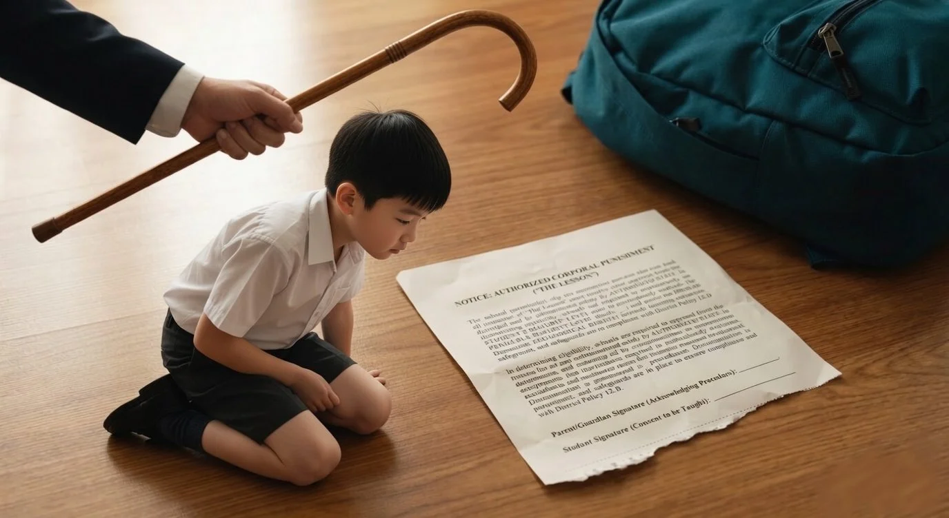 A crumpled school permission slip for authorized corporal punishment lies on a wooden floor next to a teal backpack, featuring blank signature lines for both parent and student.