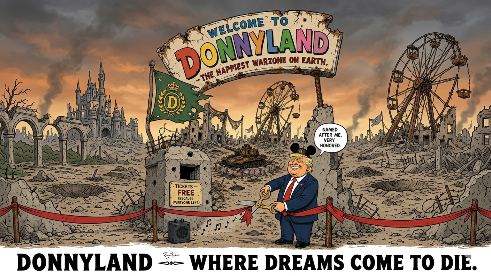 Political cartoon of Donald Trump wearing Mickey Mouse ears, cutting a red ribbon to open 'Donnyland - The Happiest Warzone on Earth'.