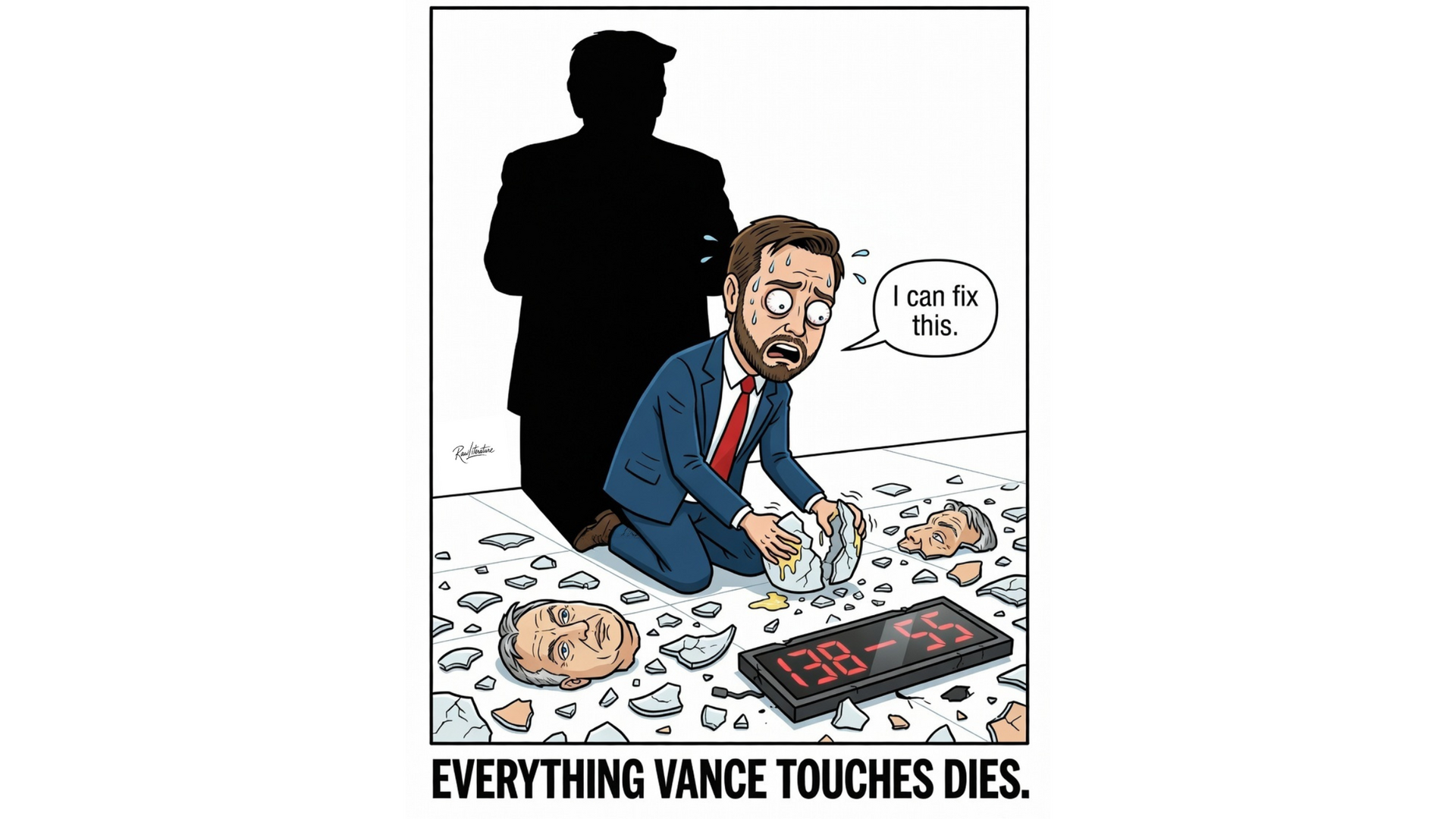 Political cartoon of JD Vance as the King Midas that whatever he touches he breaks.