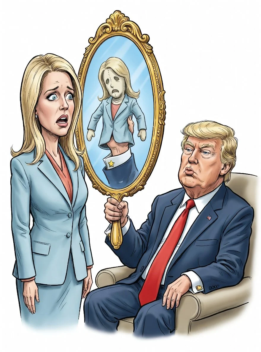 A cartoon of Pamela Bondi and Donald Trump when she was dismissed as the DOJ attorney general.