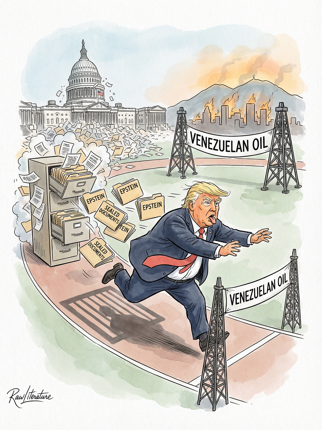 Donald Trump running away from the Epstein Files. He's after Venezuelan oil.