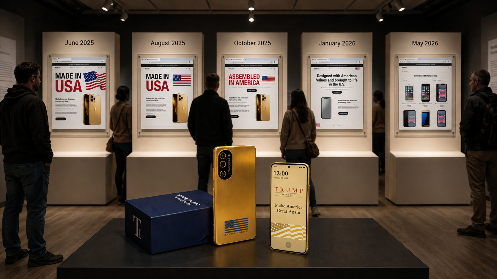 Gold Trump Mobile smartphones showcased in realistic 2025–2026 tech exhibition gallery.