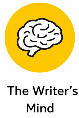 A graphic of a brain with a yellow circular background and the text 'The Writer's Mind' below it.