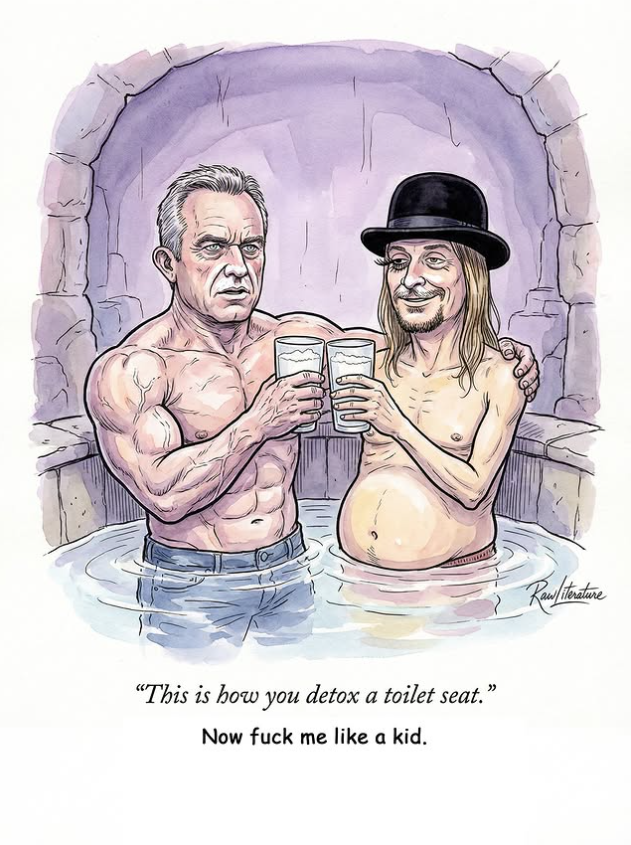 Robert Kennedy Jr. and Kid Rock in a hot tube drinking mil, the new America's hot couple.