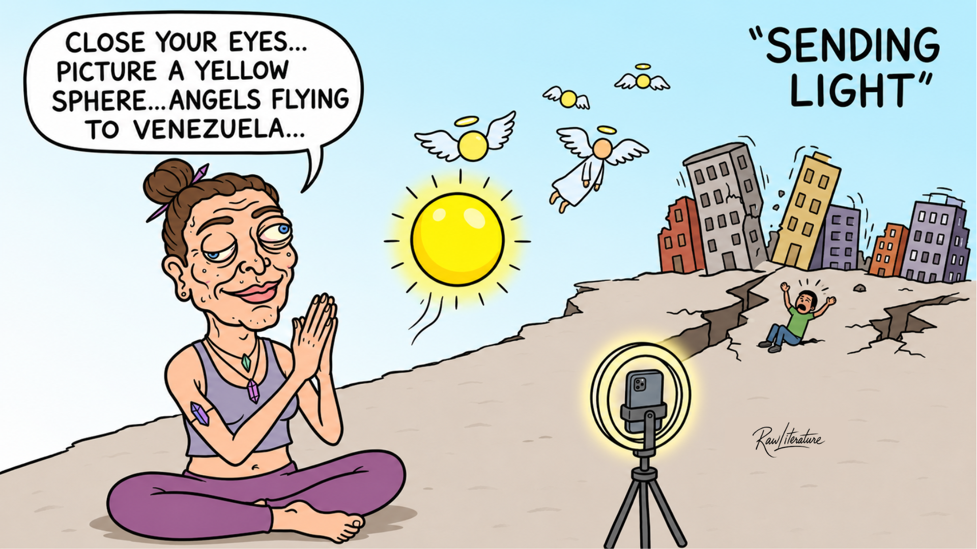 Satirical cartoon mocking performative international solidarity after Venezuela's earthquake, contrasting online “sending light” spiritual gestures with real humanitarian suffering and disaster devastation.