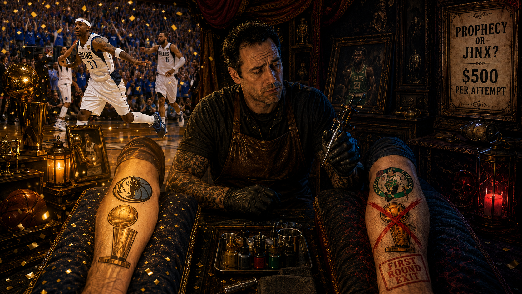 Surreal NBA tattoo parlor with Dallas Mavericks championship tattoo, failed Celtics prophecy, and cinematic dark fantasy lighting.