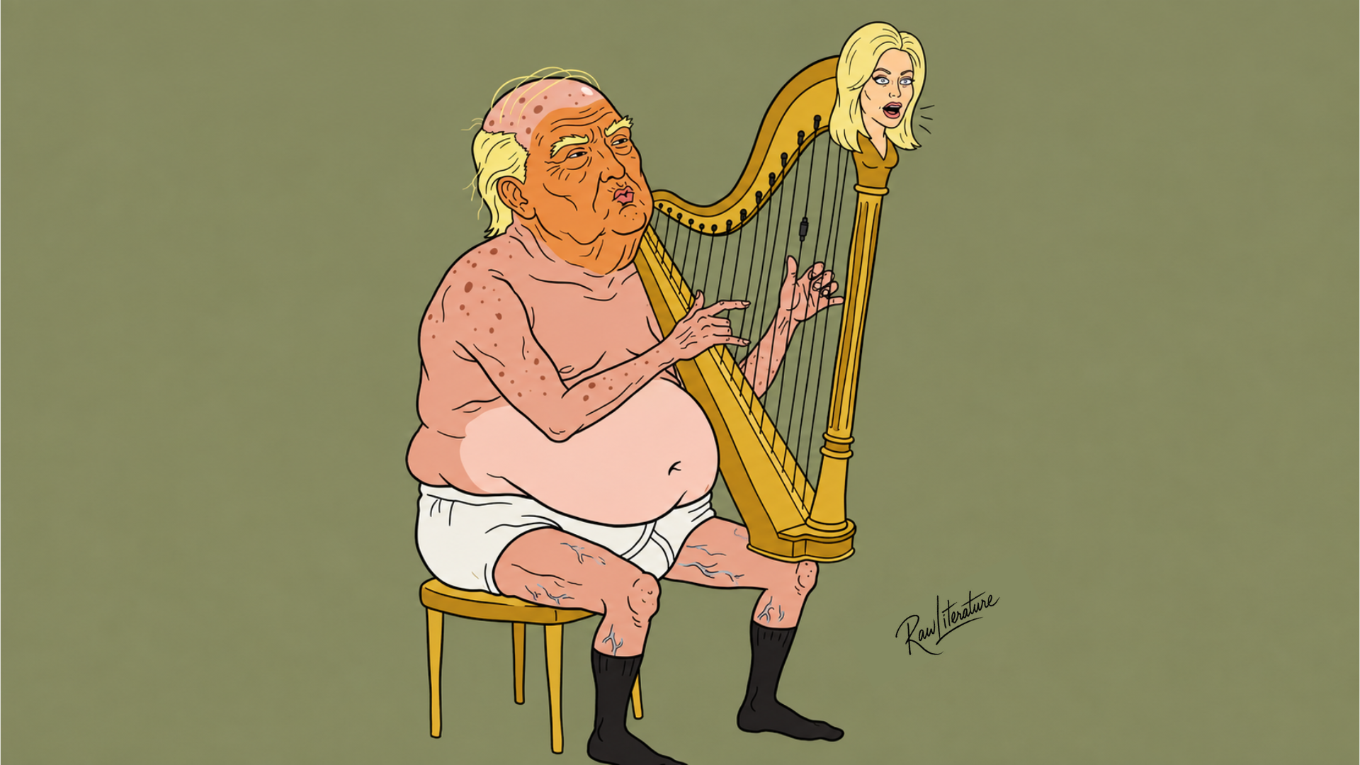 Donald Trump plays a golden harp featuring Natalie Harp in a satirical cartoon about their political relationship and influence.