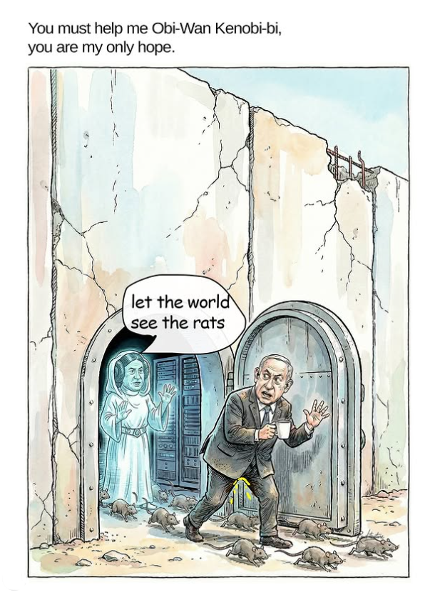 Netanyahu coming out from his bunker, chased by an hologram and rats.