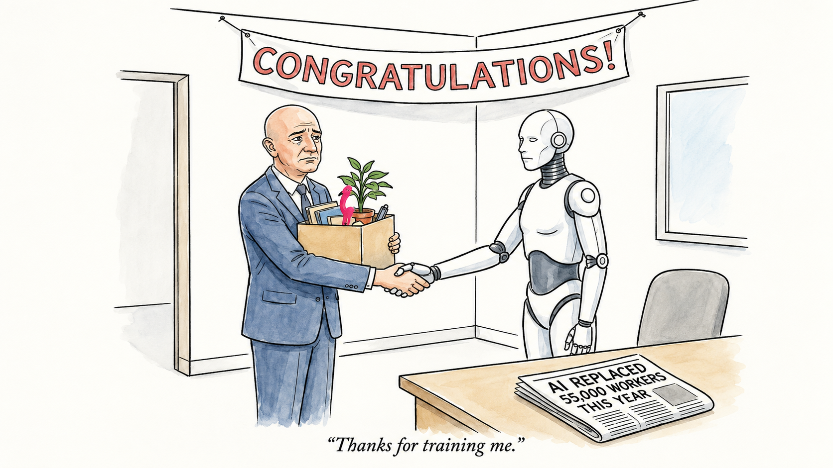 Jeff Bezos being fired by his AI manager as the big AI replacement.