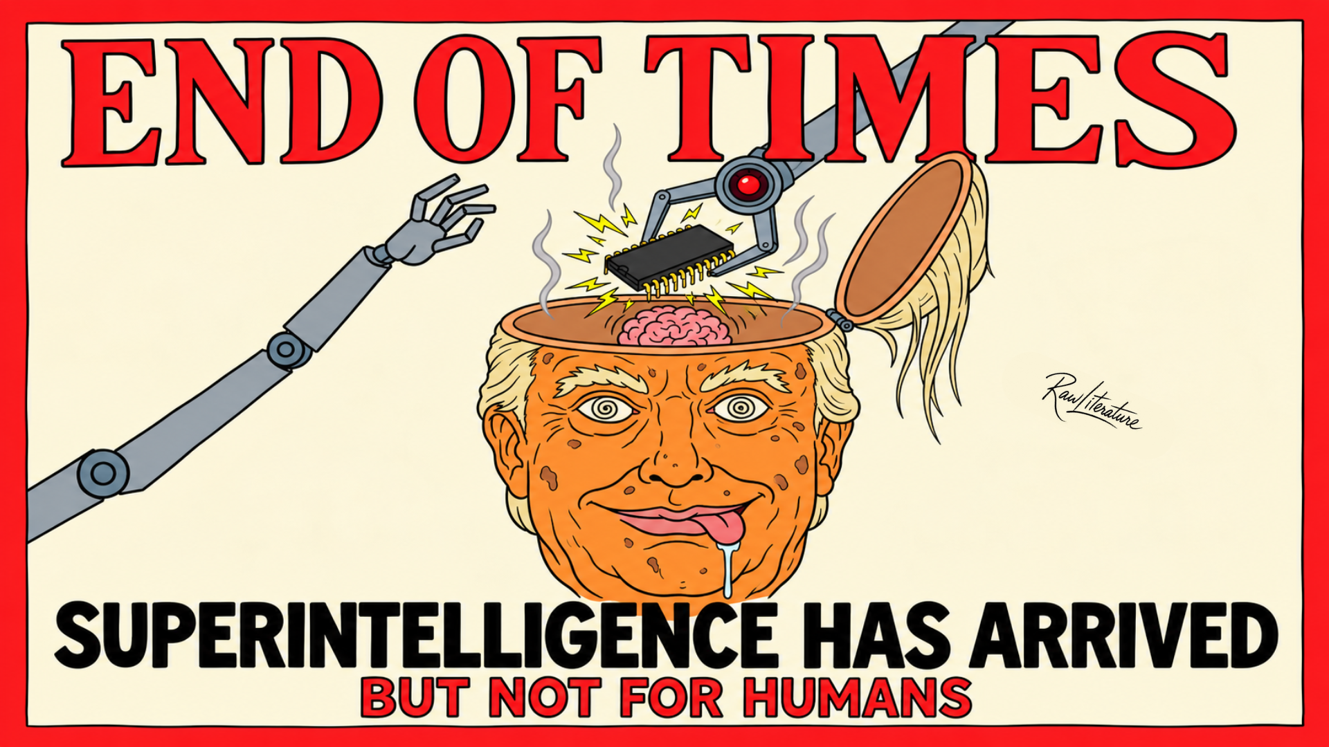 Satirical AI cartoon showing superintelligence replacing human intelligence with a robot implanting a microchip into a politician’s brain.