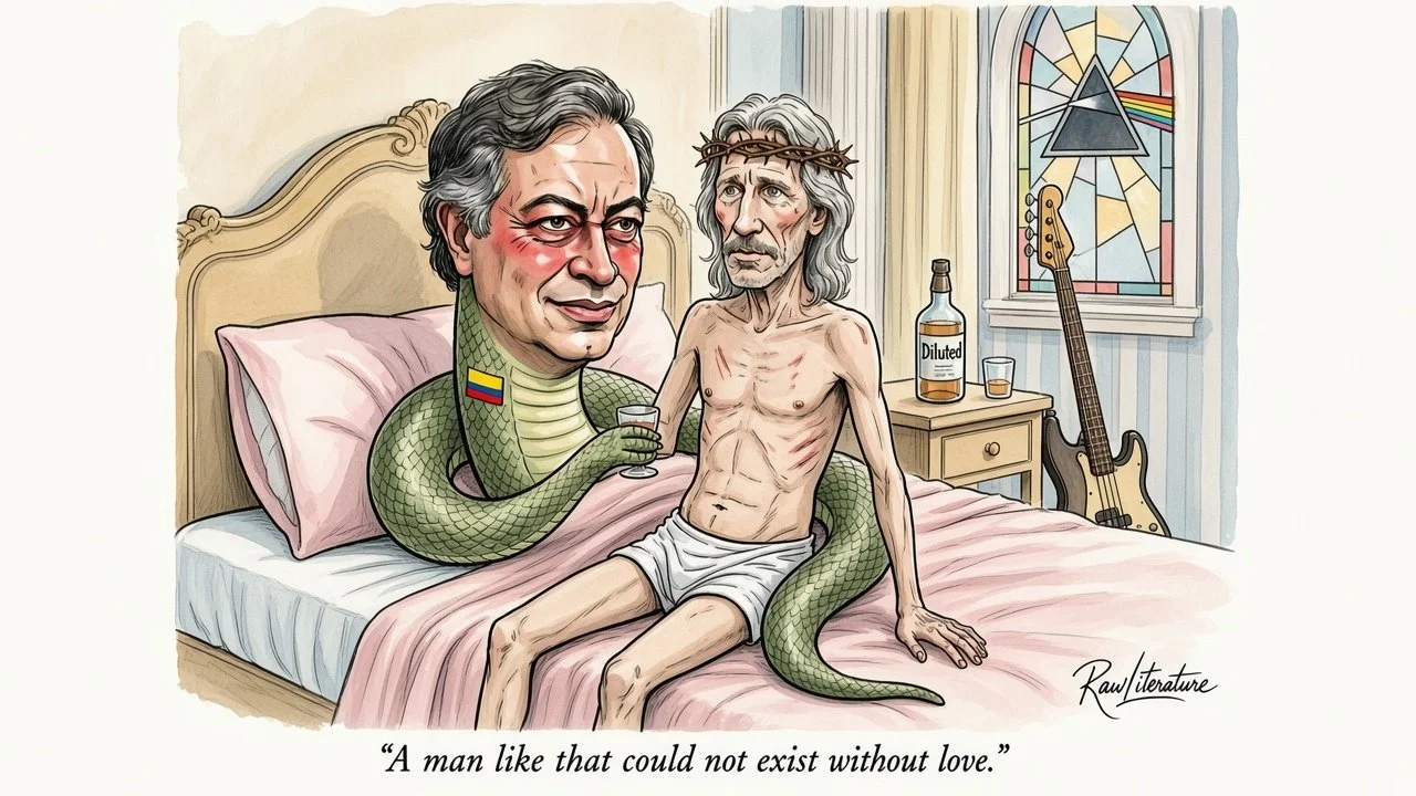 Gustavo Petro as snake taking Rodger Waters in his bed while a bottle of whiskey is behind.