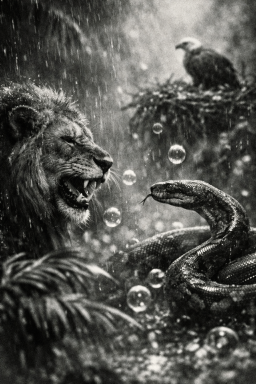A lion, snake and eagle, sharing the moment of rain freely, wildly.