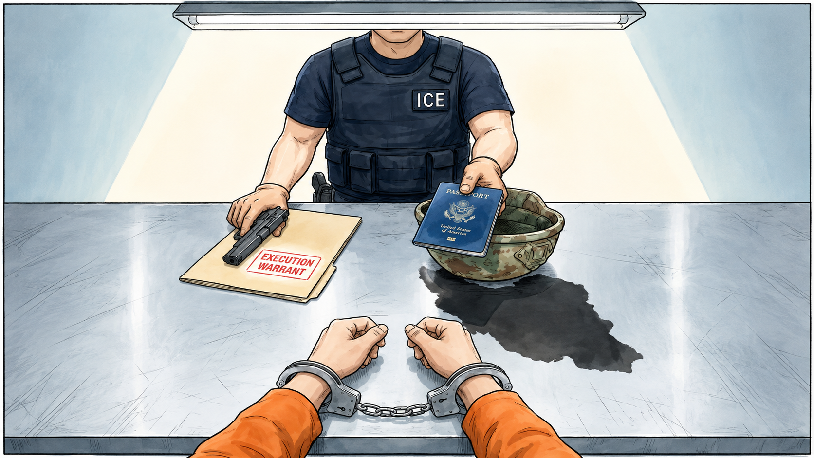 Political cartoon of ICE deportation negotiation.