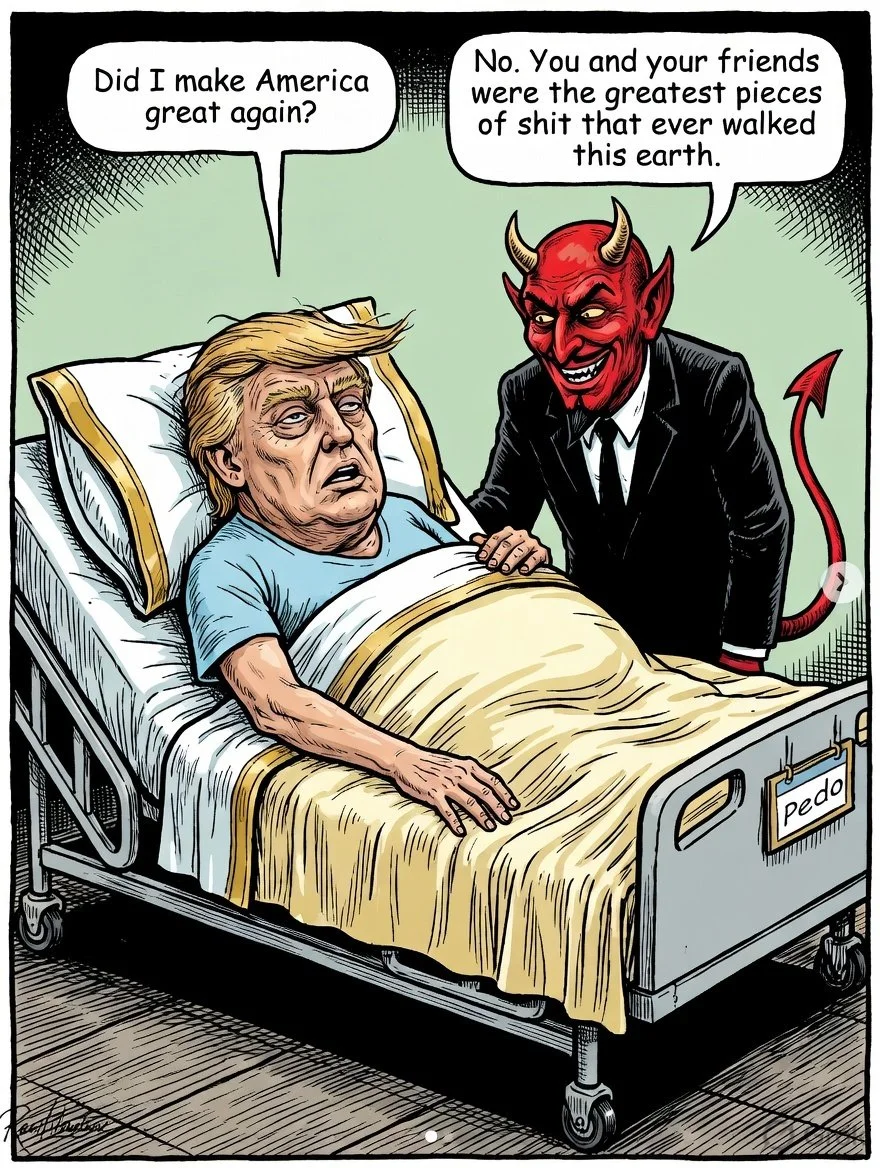 A cartoon of Donald Trump and the devil speaking about his life on Earth.
