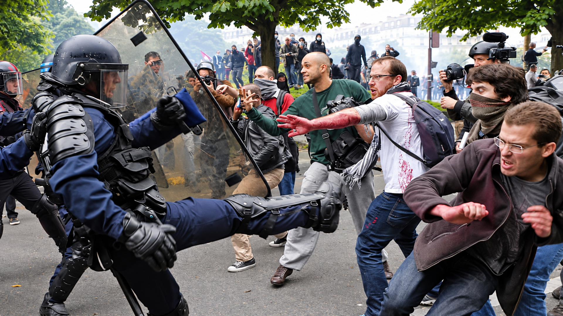 Police violence in France during student protests.