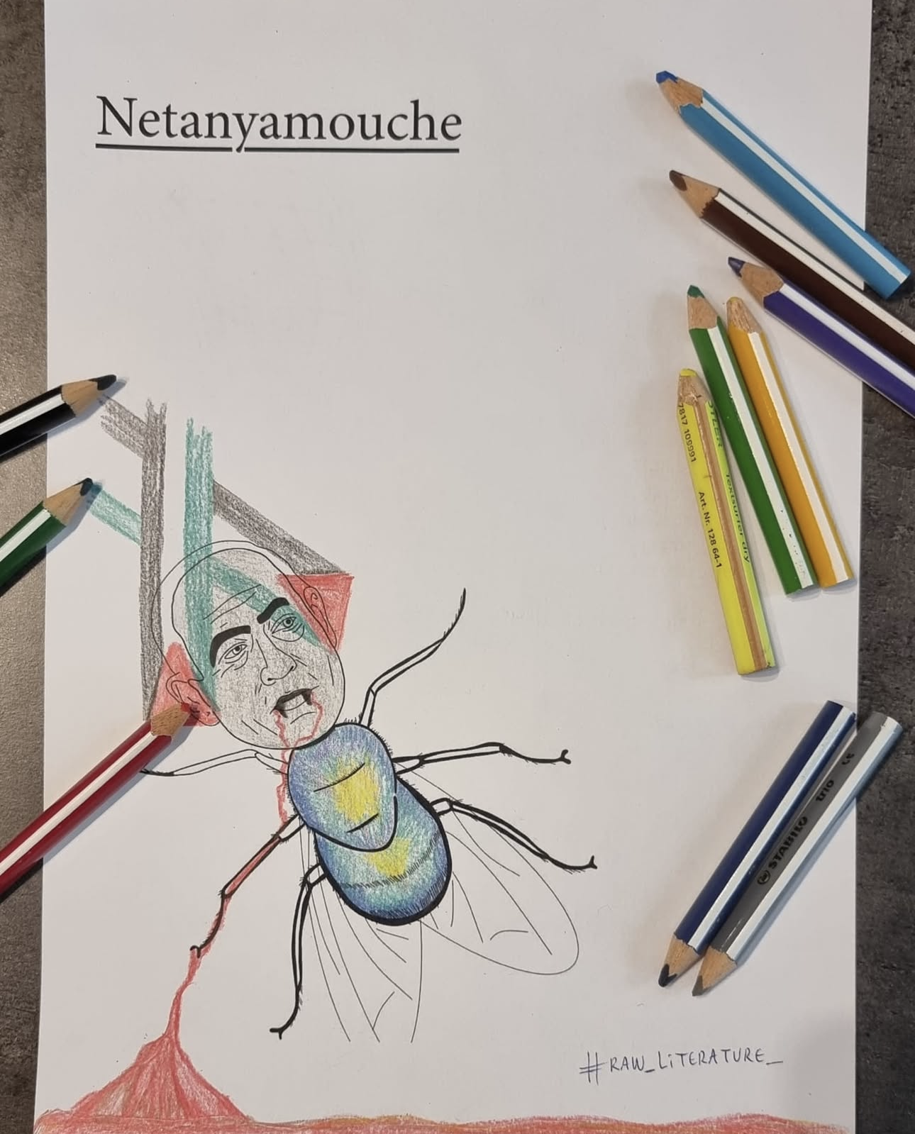 A drawing on a piece of paper depicting a creature with a human face and a bugs body. The face appears to be that of a man, and the body has insect-like wings and six legs. Colored pencils surround the paper, and the hashtag #RAW_LITERATURE_ is written in the bottom right corner.