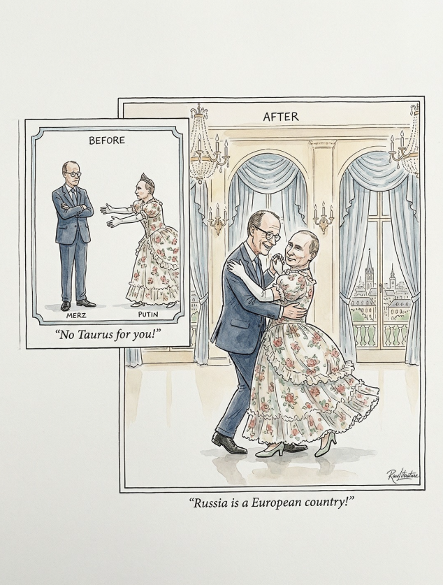 Merz and Putin having a dispute before the walts. After, they're dancing as king and queen of the night.