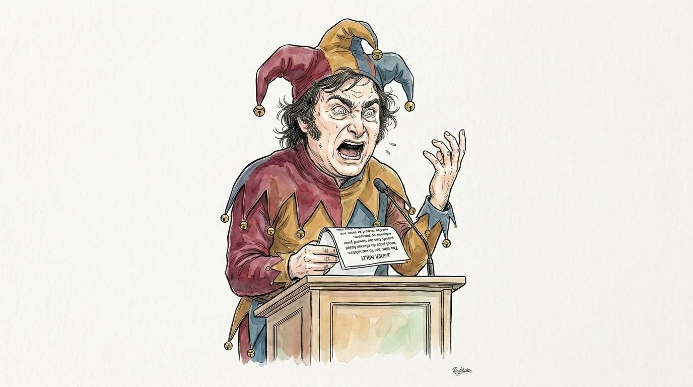 Javier Milei disguised as a politician Buffoon, the image of politics in the 21st century.