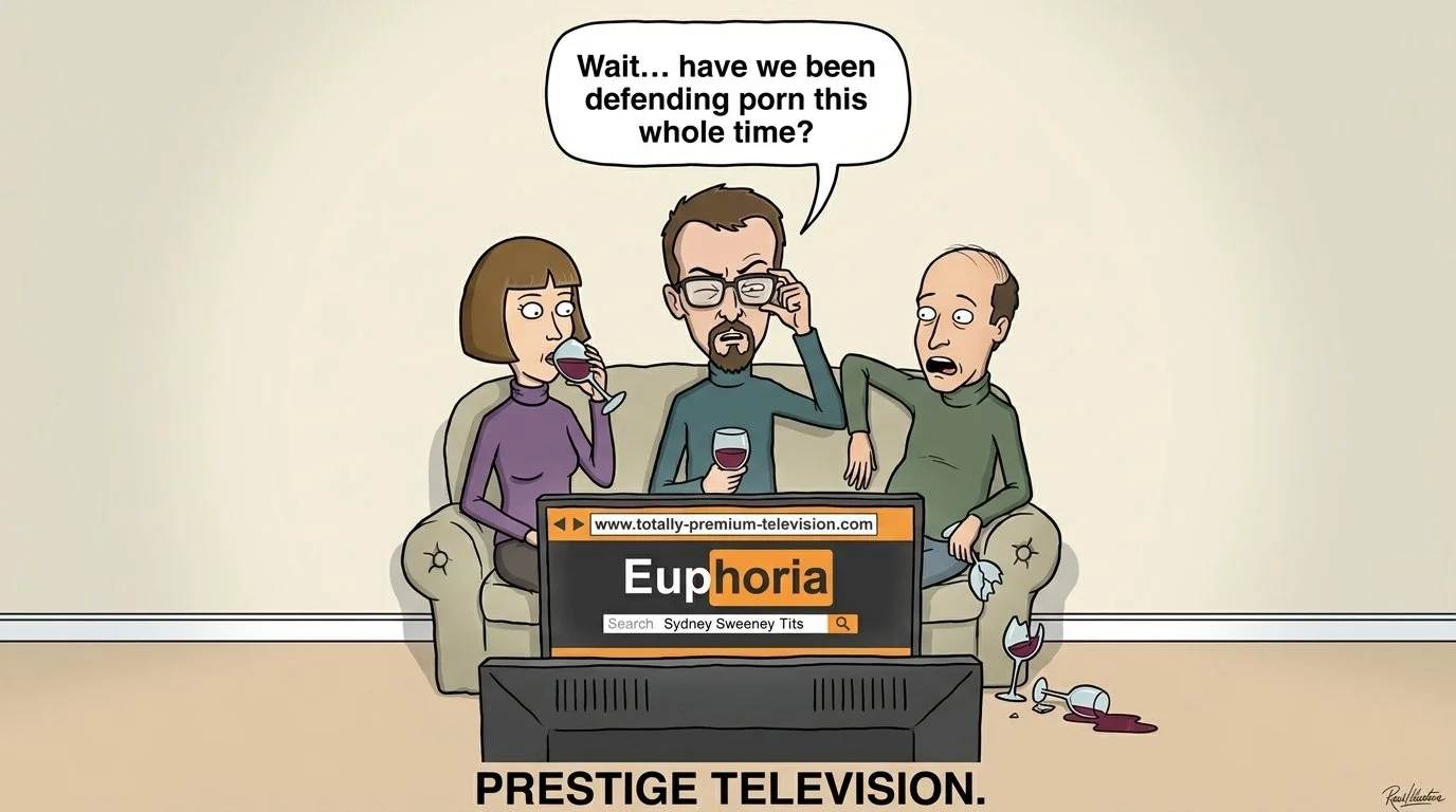 Cartoon satirizing Euphoria as prestige porn: viewers realize they've been defending softcore content on HBO.
