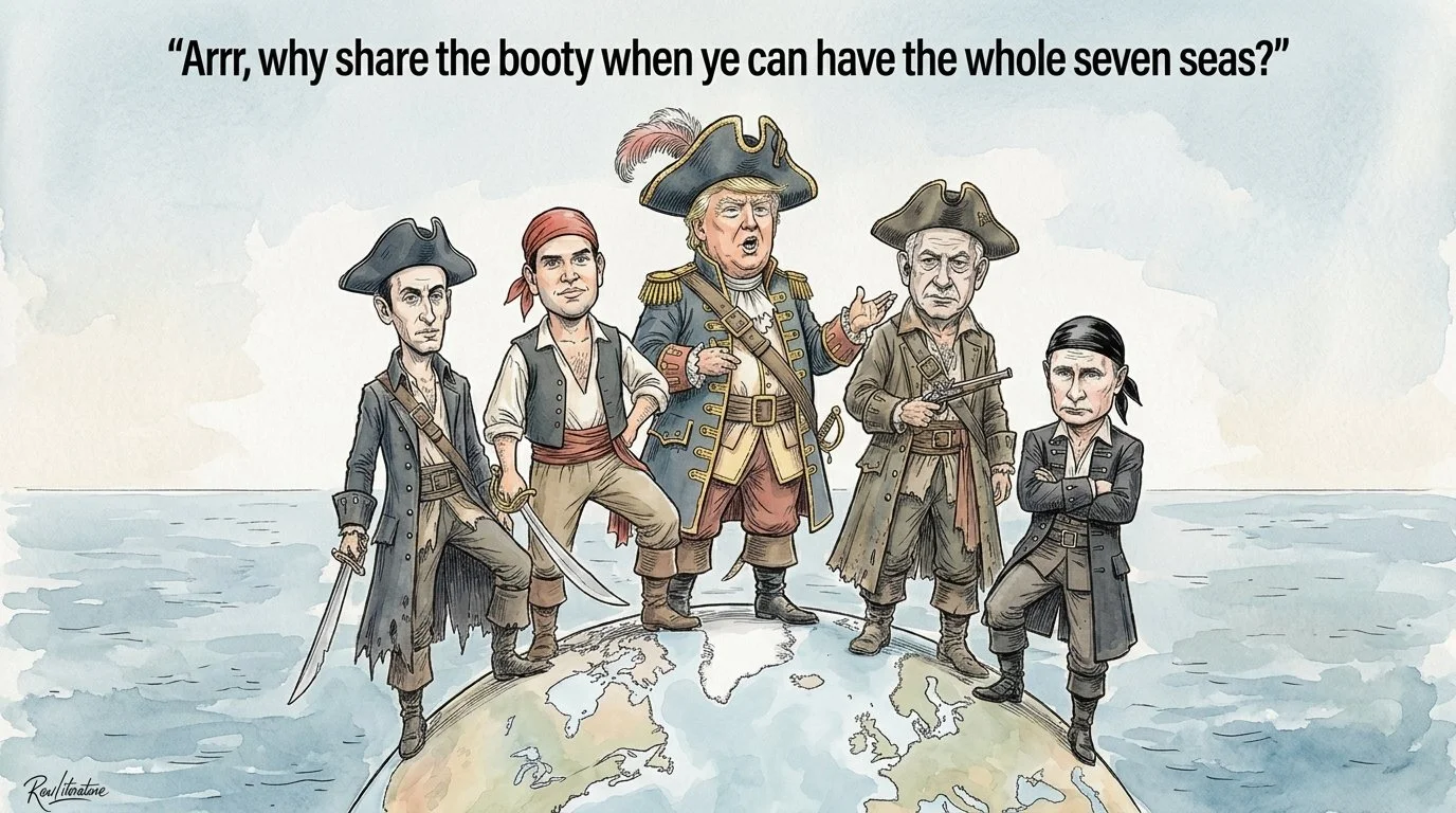 Donald Trump, Stephen Miller, Marco Rubio, Netanyahu, Putin on top of the world, conquering it.