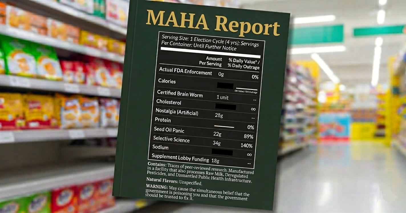 MAHA Report product label parody, displaying a satirical nutrition facts table with ingredients like certified brain worms, seed oil panic, and selective science, floating in a blurry supermarket aisle.