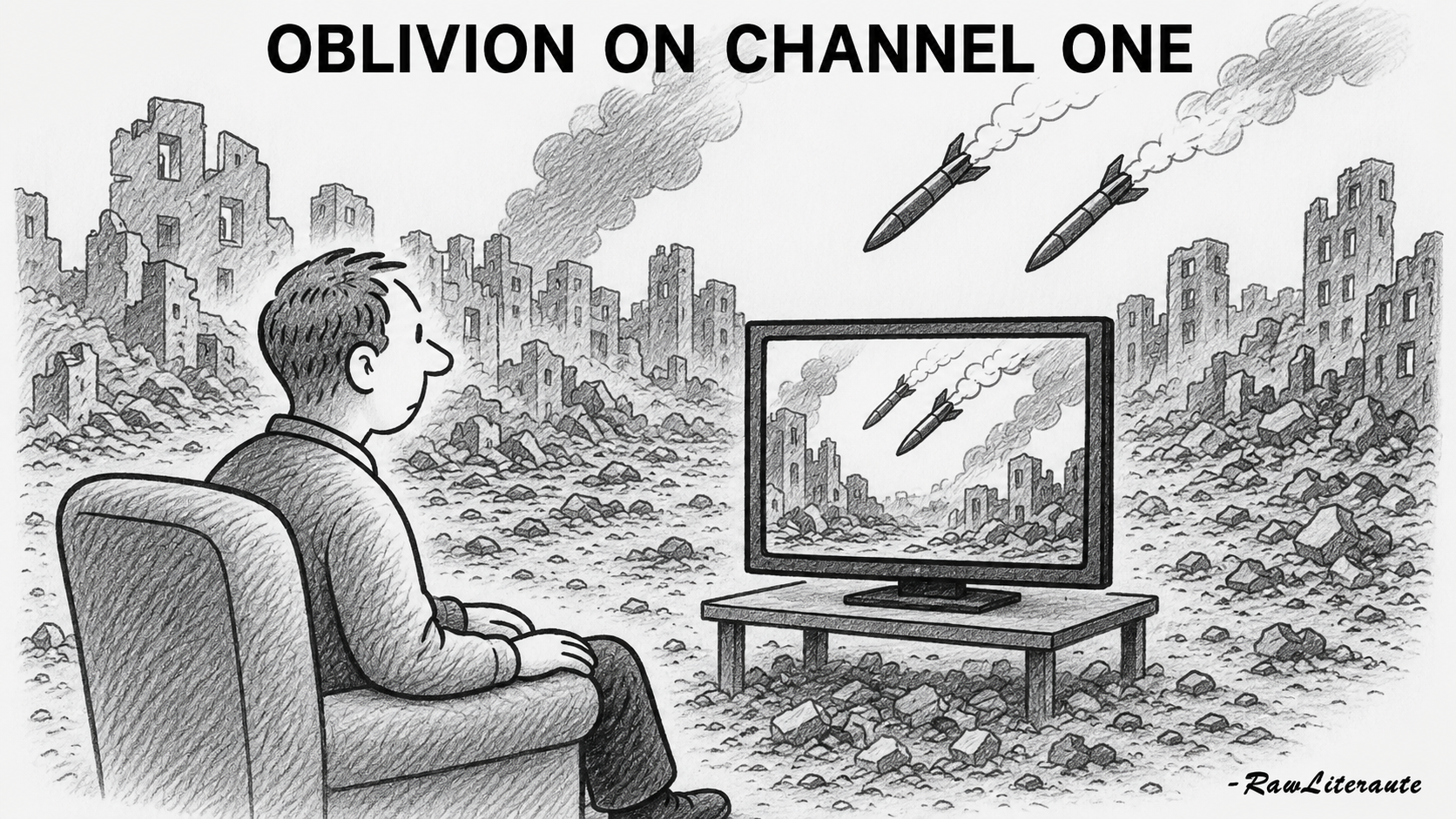 Satirical cartoon of a man calmly watching war unfold on television while surrounded by the same bombed city, symbolizing media desensitization and human indifference.