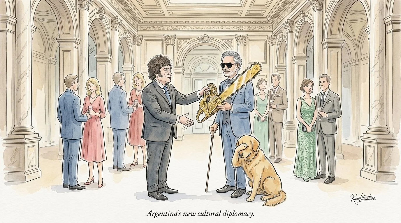 Javier Milei showing his chainsaw to Andrea Bocelli who is blind. A dog feeling upset by the wrongdoing of the image.