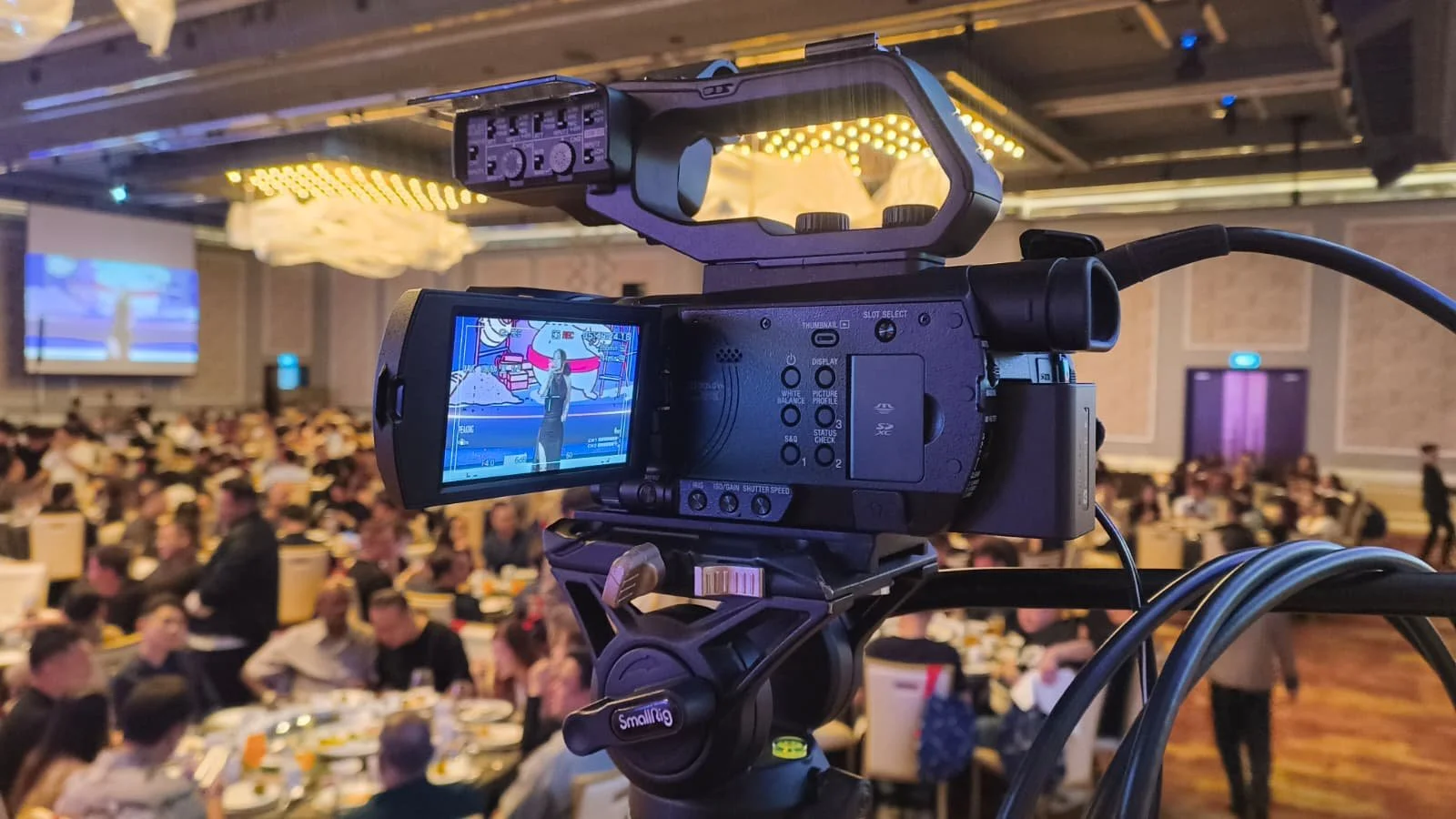 Professional event videographer capturing gala dinner