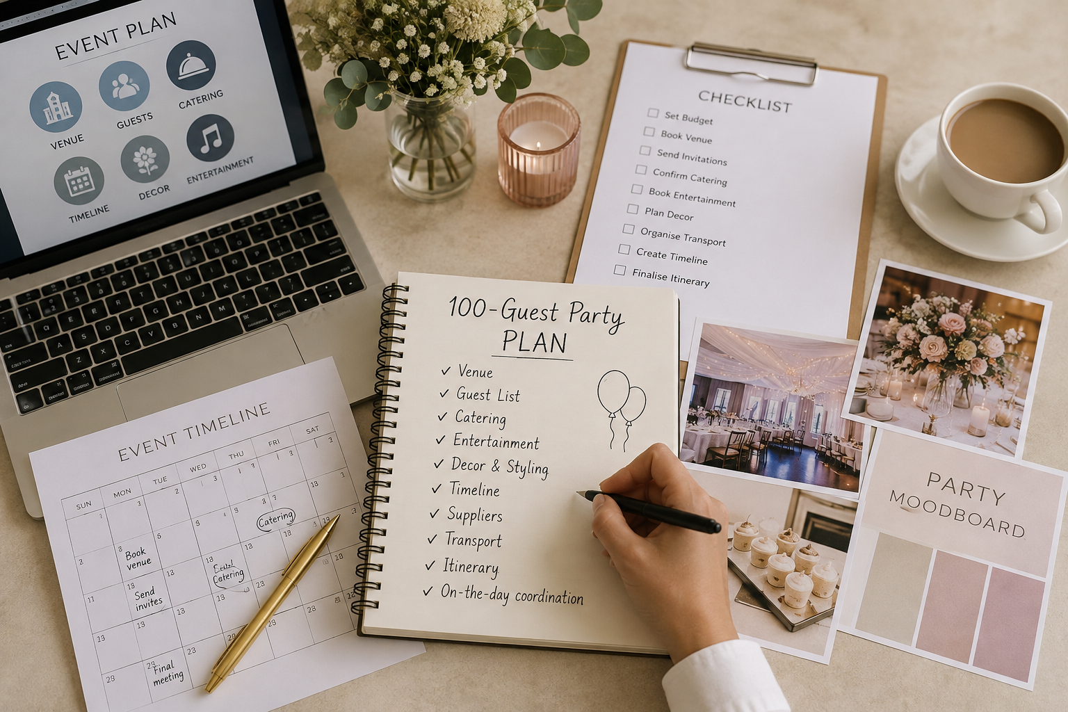 Event planning checklist and 100-guest party plan