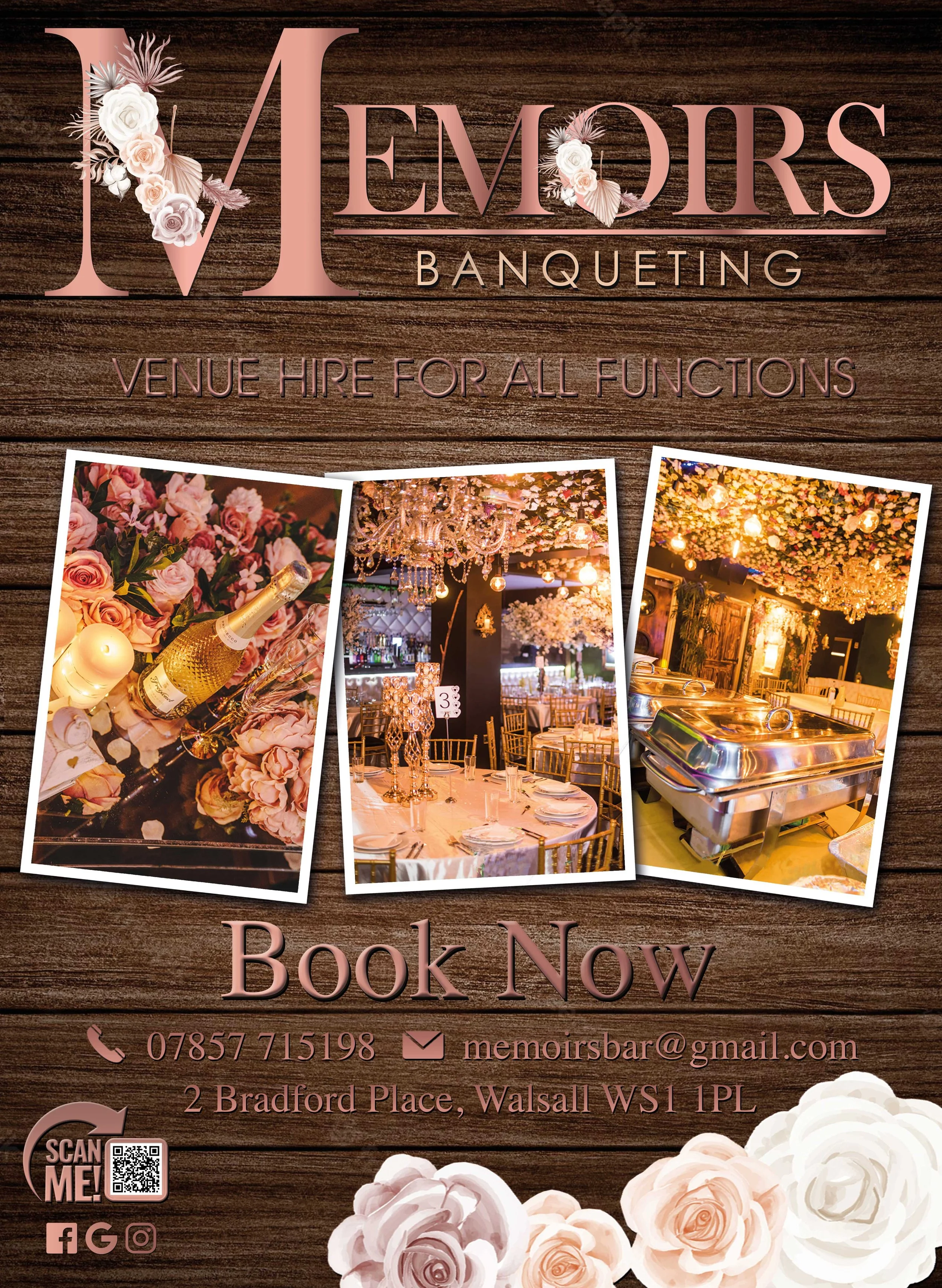 Memoirs Banqueting Walsall venue hire advertisement showcasing luxury wedding and event venue setup