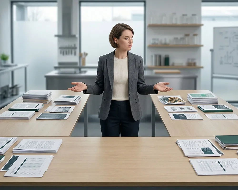 Business professional standing between two tables filled with reports and research documents, unsure which direction to take.