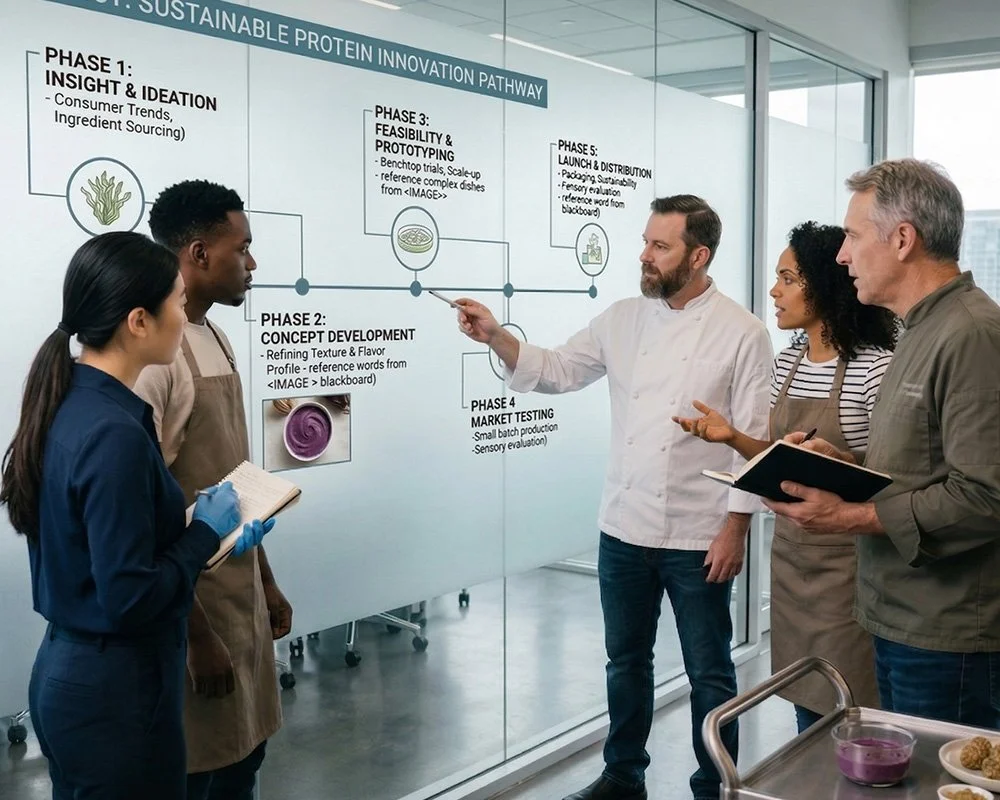Business team mapping food innovation horizons and market trends during a strategic planning session.