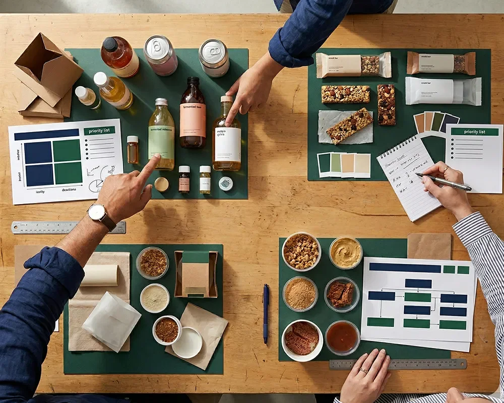 Business leader presenting a strategy document beside food product samples in a development workspace.