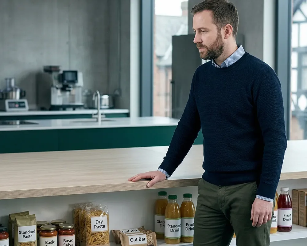 Food product manager standing in a kitchen workspace reviewing boards of product images, packaging concepts, and market data.