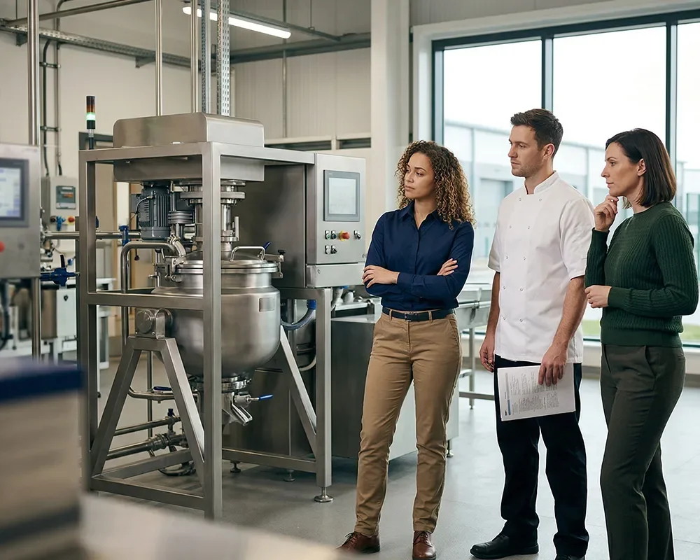 Food industry professionals reviewing processing equipment and discussing capability investment in a production facility.