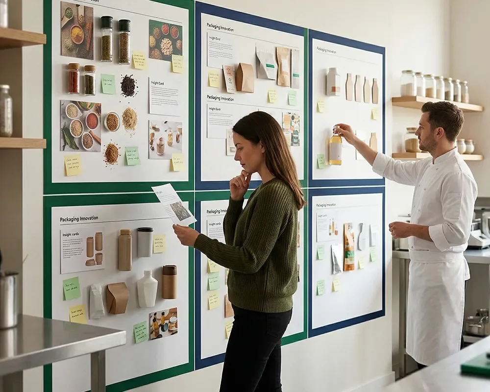 Two researchers walking through a busy market reviewing food stalls and products while discussing consumer insights.