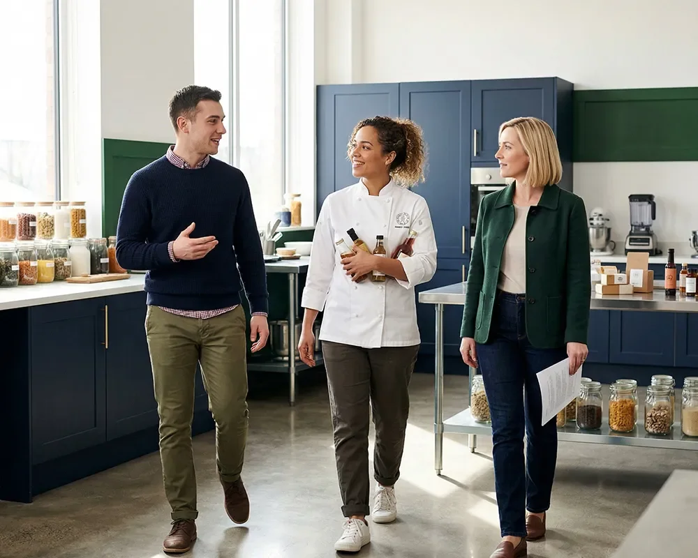 Three professionals walking through a product development kitchen discussing packaged food innovation.