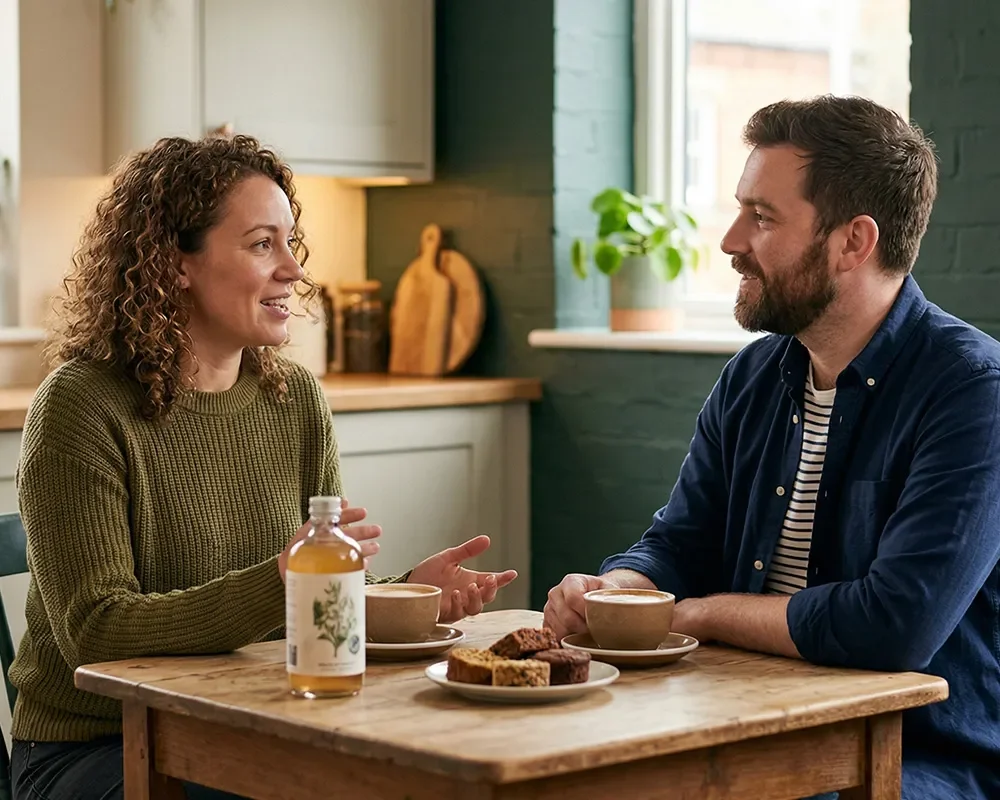 Two people discussing product ideas over coffee and snacks in an informal meeting focused on early-stage decision making.